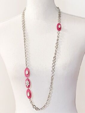 LOFT Barbiecore Pink Flower Stations Long Silver-Tone Necklace